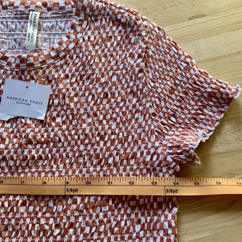 NWT American Eagle Smocked Baby Tee Women's Medium NEW Checkered 100% Cotton AE